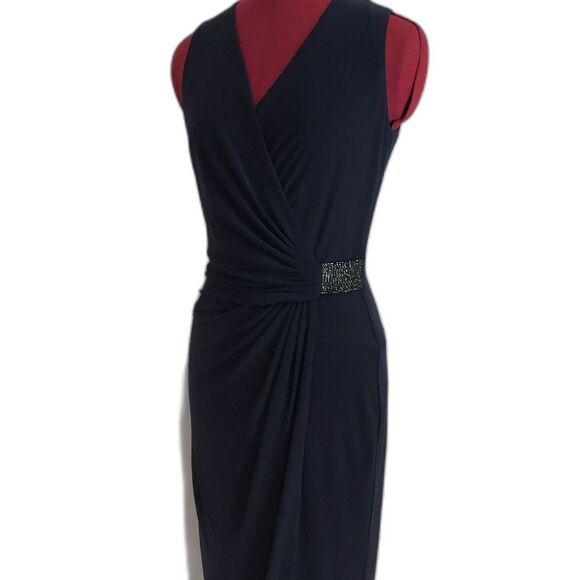 Lauren Ralph Lauren Jersey Gown Size 4 Navy Blue Rhinestone Embellishment V-Neck - Picture 16 of 16